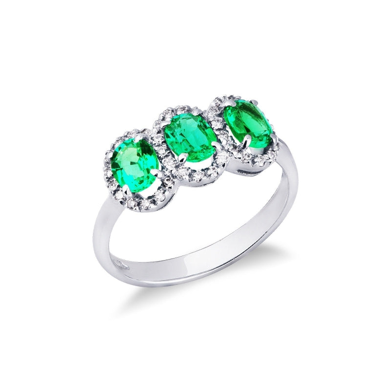 Anello Trilogy in oro bianco 18k con diamanti e smeraldi ovali