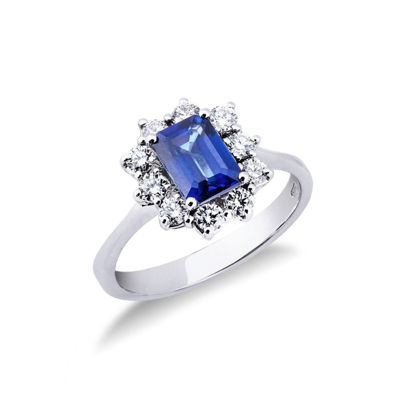 Anello Destiny in oro bianco 18k con diamanti e Zaffiro Blu centrale
