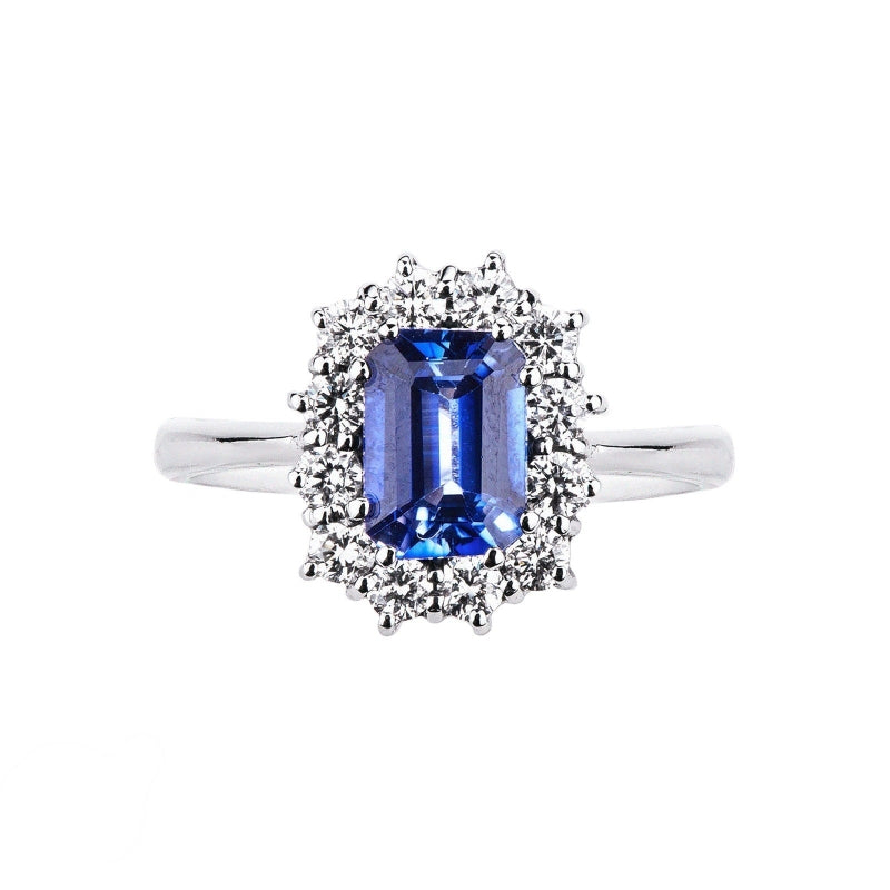 Anello Destiny in oro bianco 18k con diamanti e Zaffiro Blu centrale