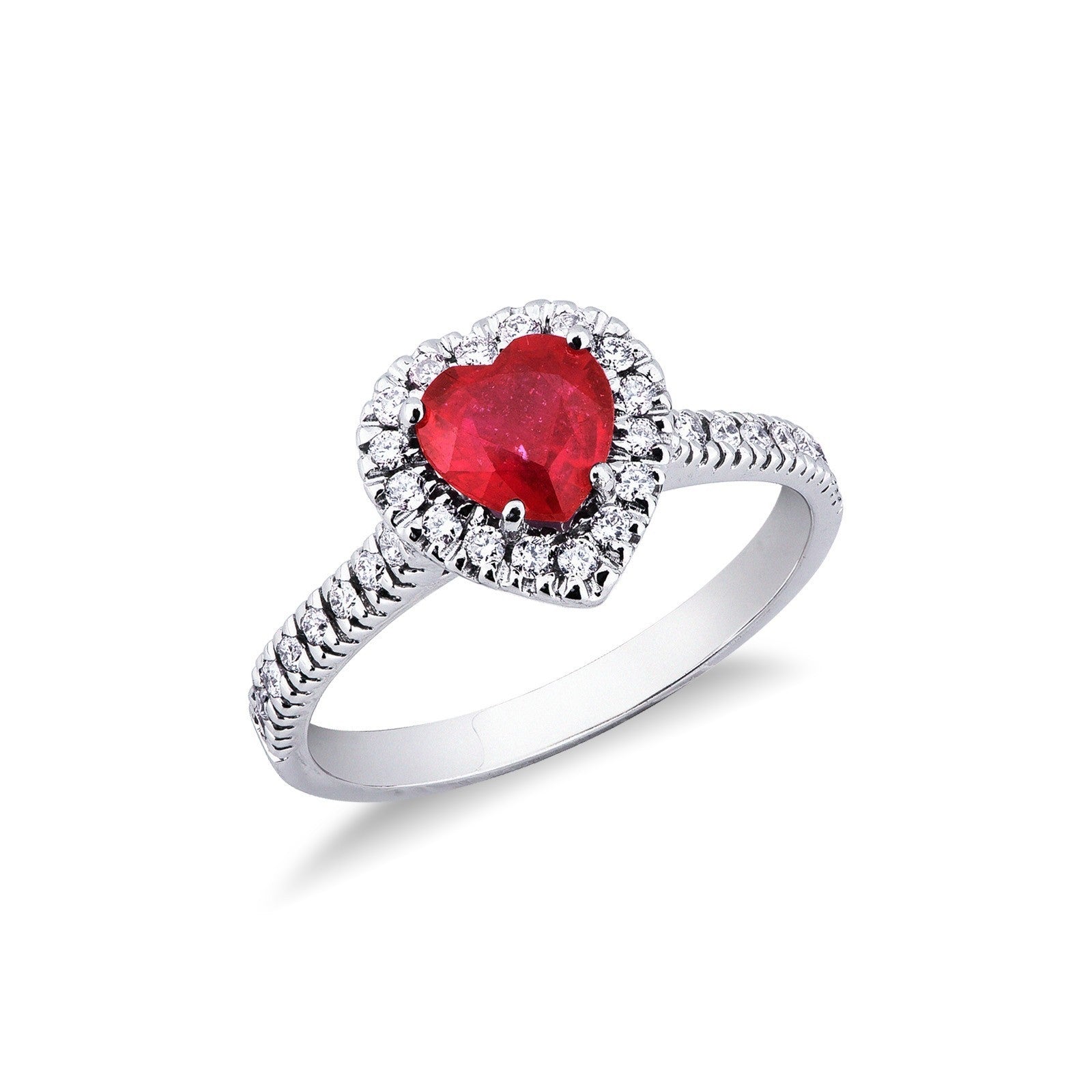 Anello Heart in oro bianco 18k con Rubino a cuore e diamanti sul contorno.
