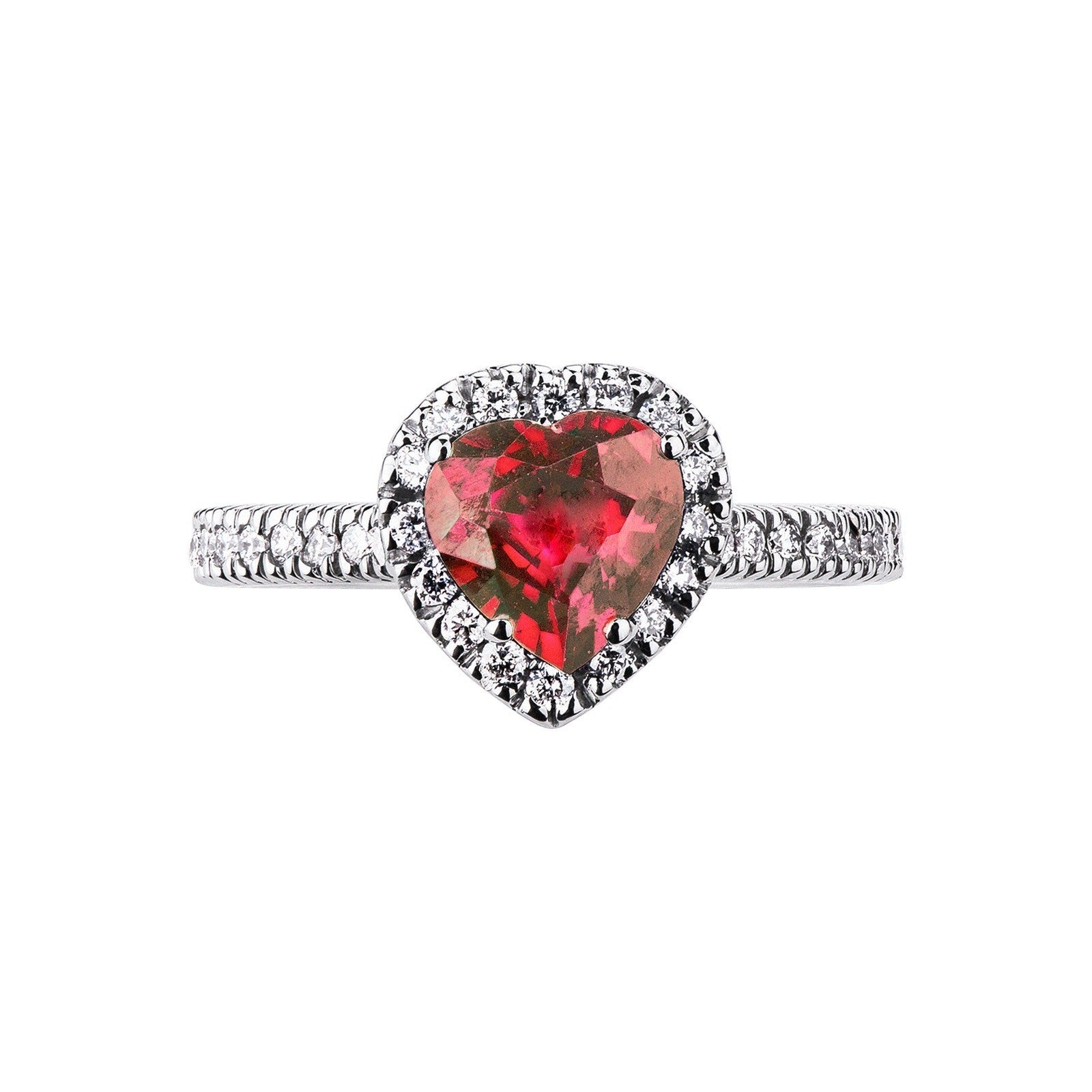 Anello Heart in oro bianco 18k con Rubino a cuore e diamanti sul contorno.