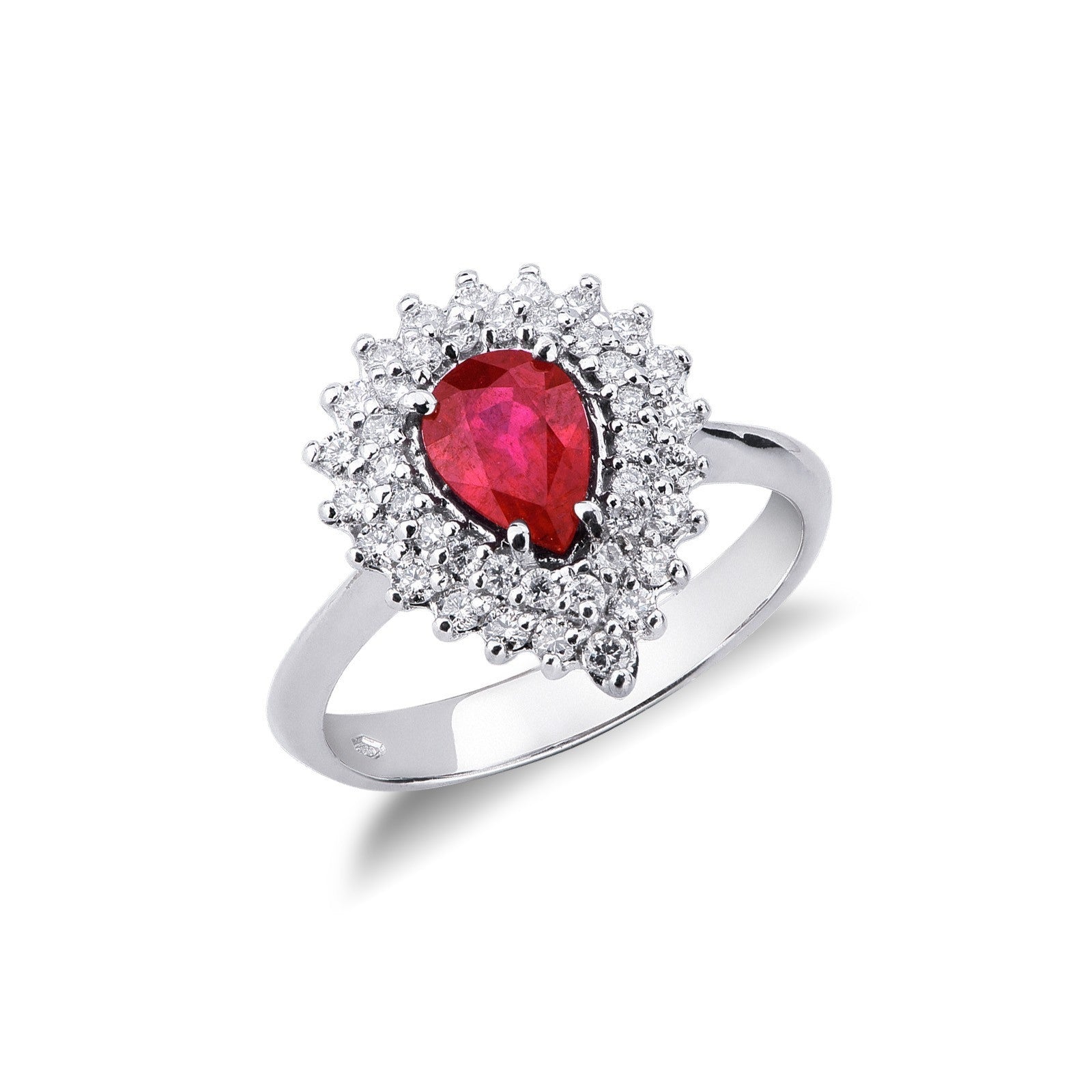 Anello Kate in oro bianco 18k con rubino a goccia e diamanti.