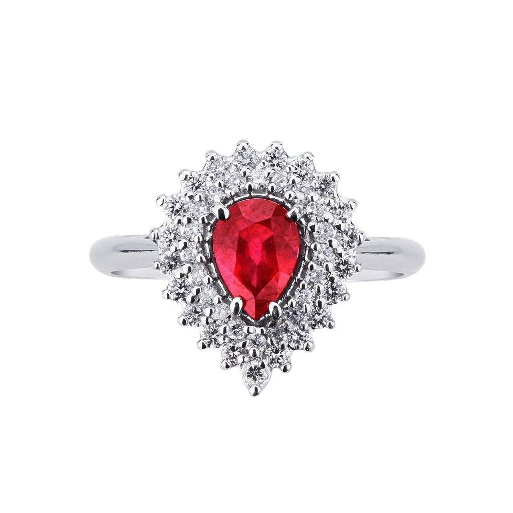 Anello Kate in oro bianco 18k con rubino a goccia e diamanti.