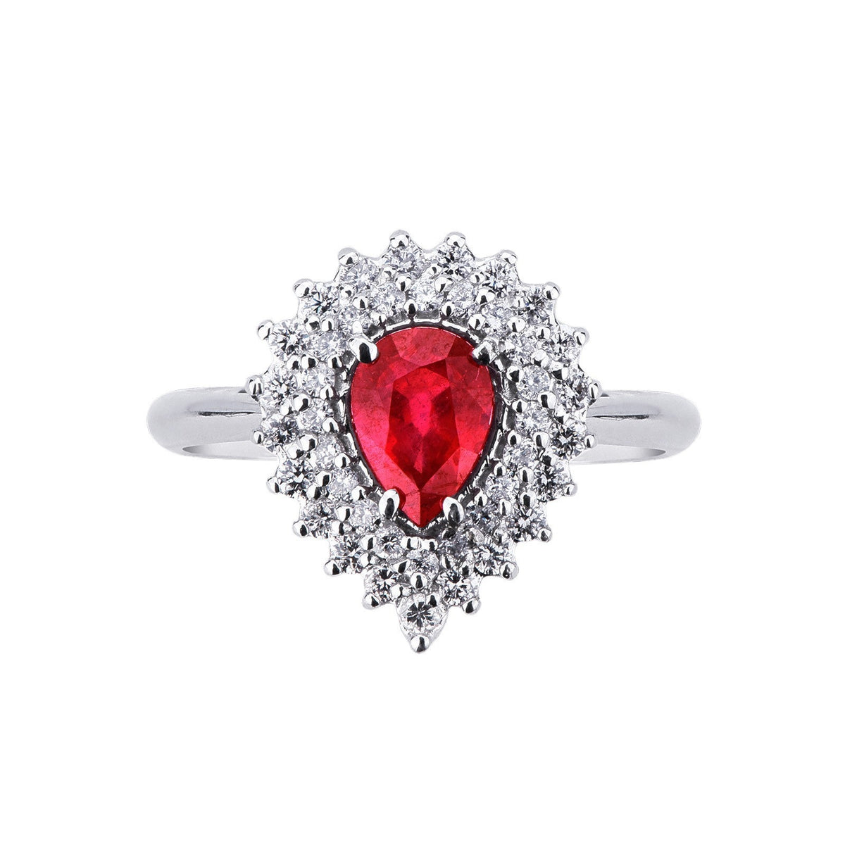 Anello Kate in oro bianco 18k con rubino a goccia e diamanti.