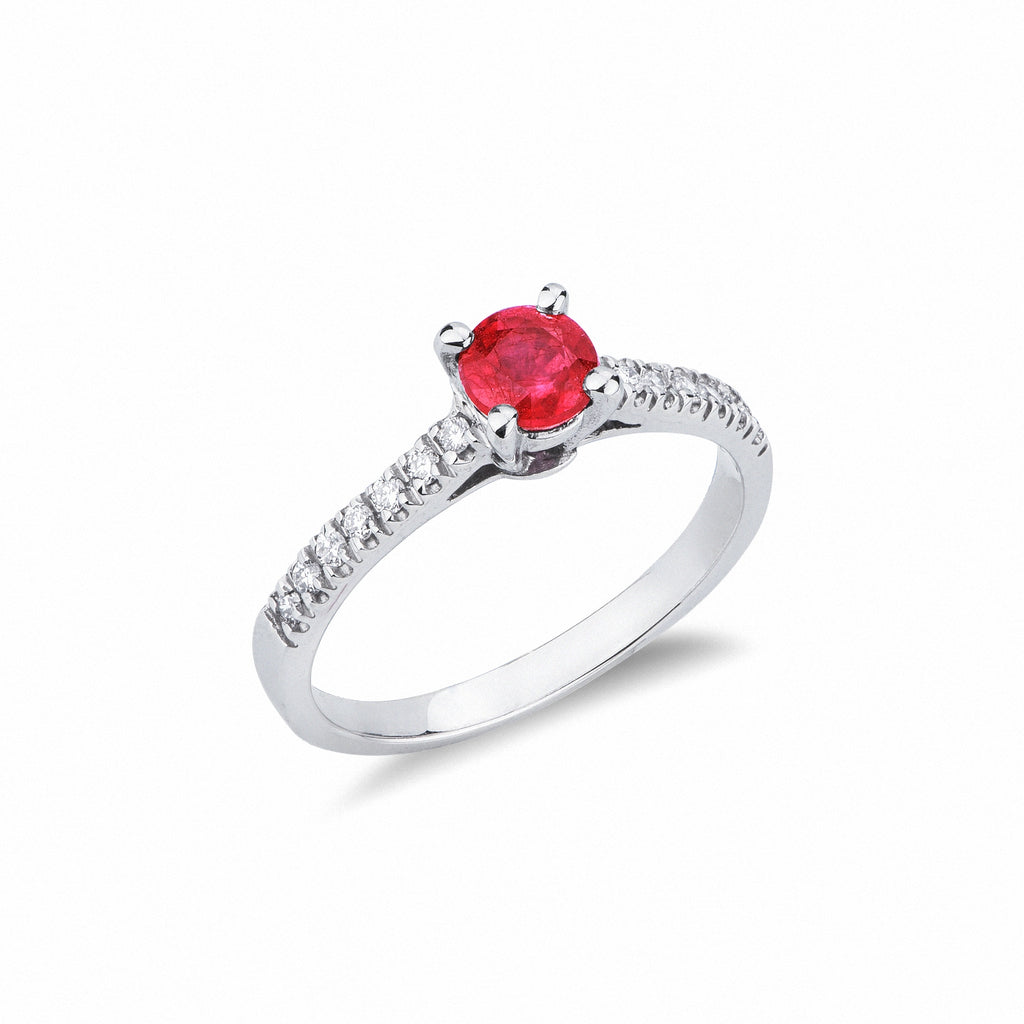 Anello Desire in oro bianco 18k con Rubino centrale e diamanti sul gambo