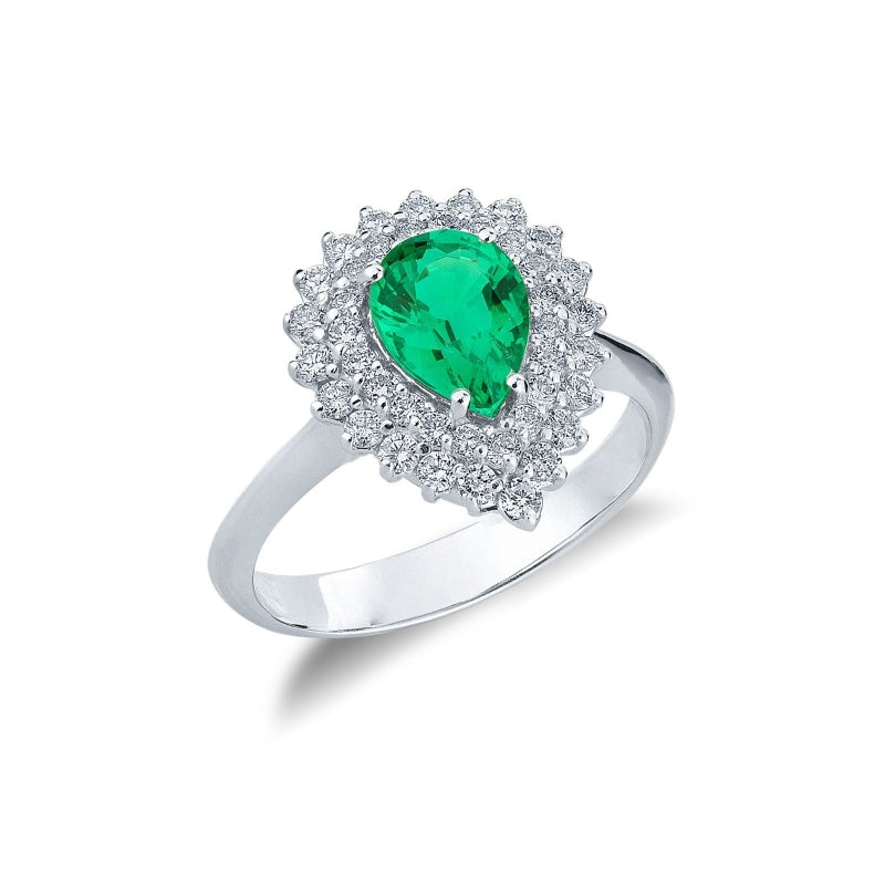 Anello Glam in oro bianco 18k con smeraldo a goccia e diamanti