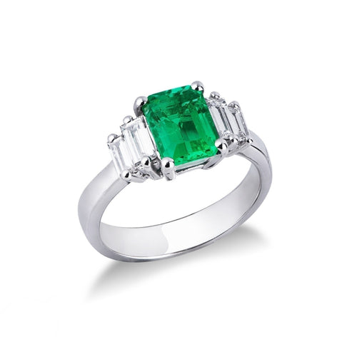 Anello Arte in oro bianco 18k con Smeraldo e Diamanti taglio baguette