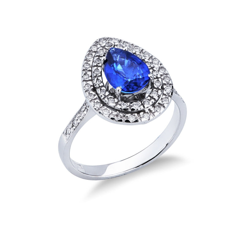Anello Petal in oro bianco 18k con zaffiro blu a goccia e diamanti anche sul gambo