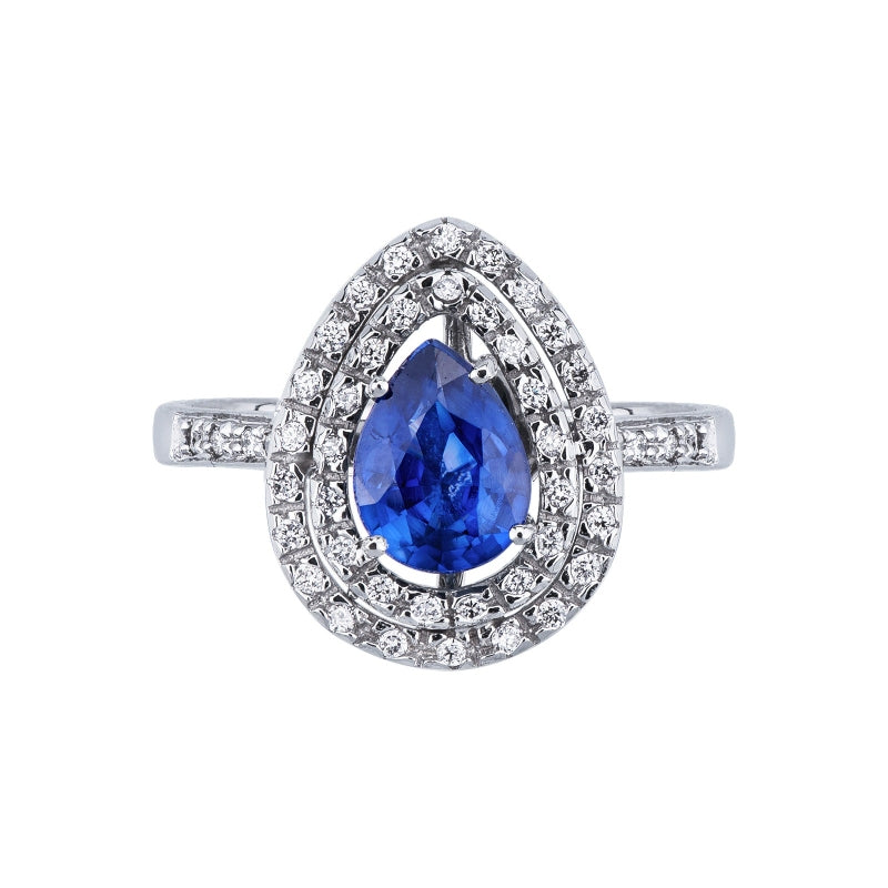 Anello Petal in oro bianco 18k con zaffiro blu a goccia e diamanti anche sul gambo