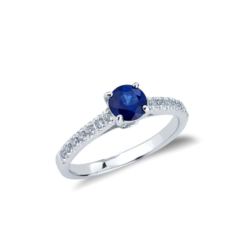 Anello Noble in oro bianco 18k con Zaffiro blu centrale e diamanti nel gambo