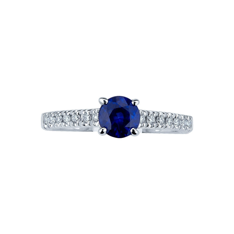 Anello Noble in oro bianco 18k con Zaffiro blu centrale e diamanti nel gambo