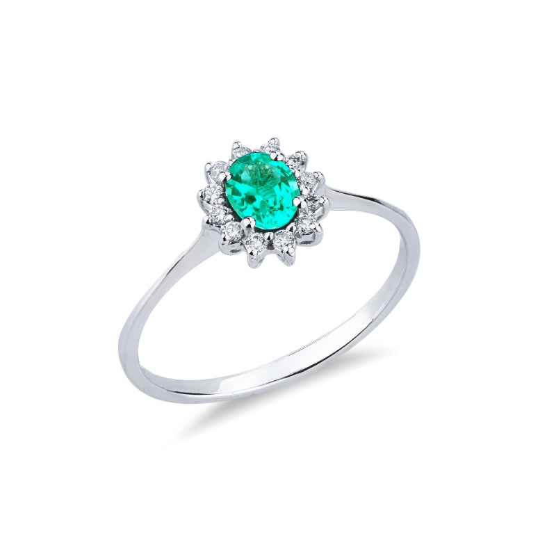Anello Magia in oro bianco 18k con diamanti e smeraldo centrale