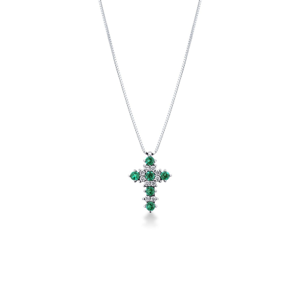 Collana con croce in oro bianco 18k con Diamanti e Smeraldi