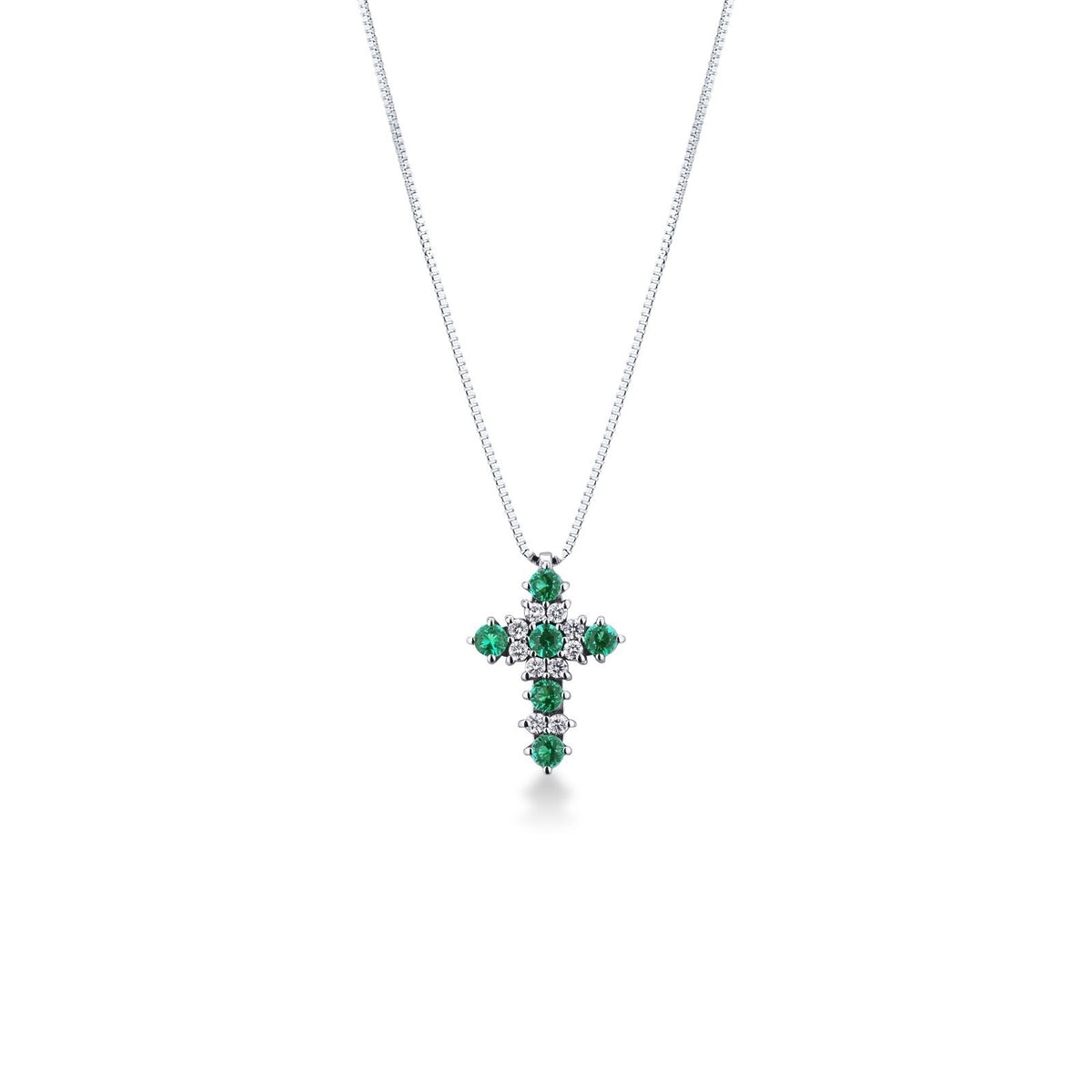 Collana con croce in oro bianco 18k con Diamanti e Smeraldi