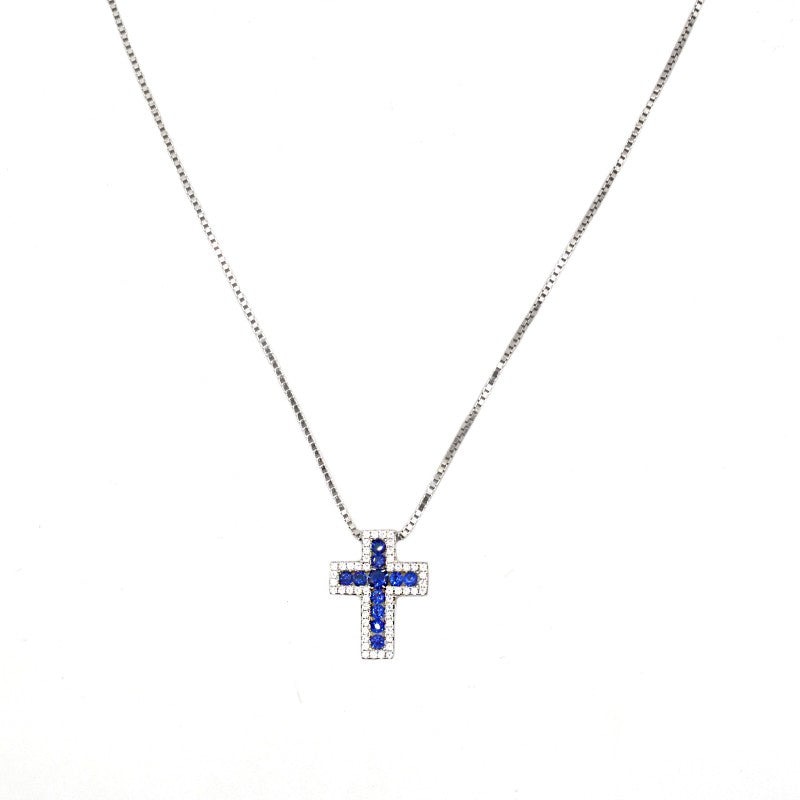 Collana veneziana Croce con Swarovski bianchi e Zaffiri blu