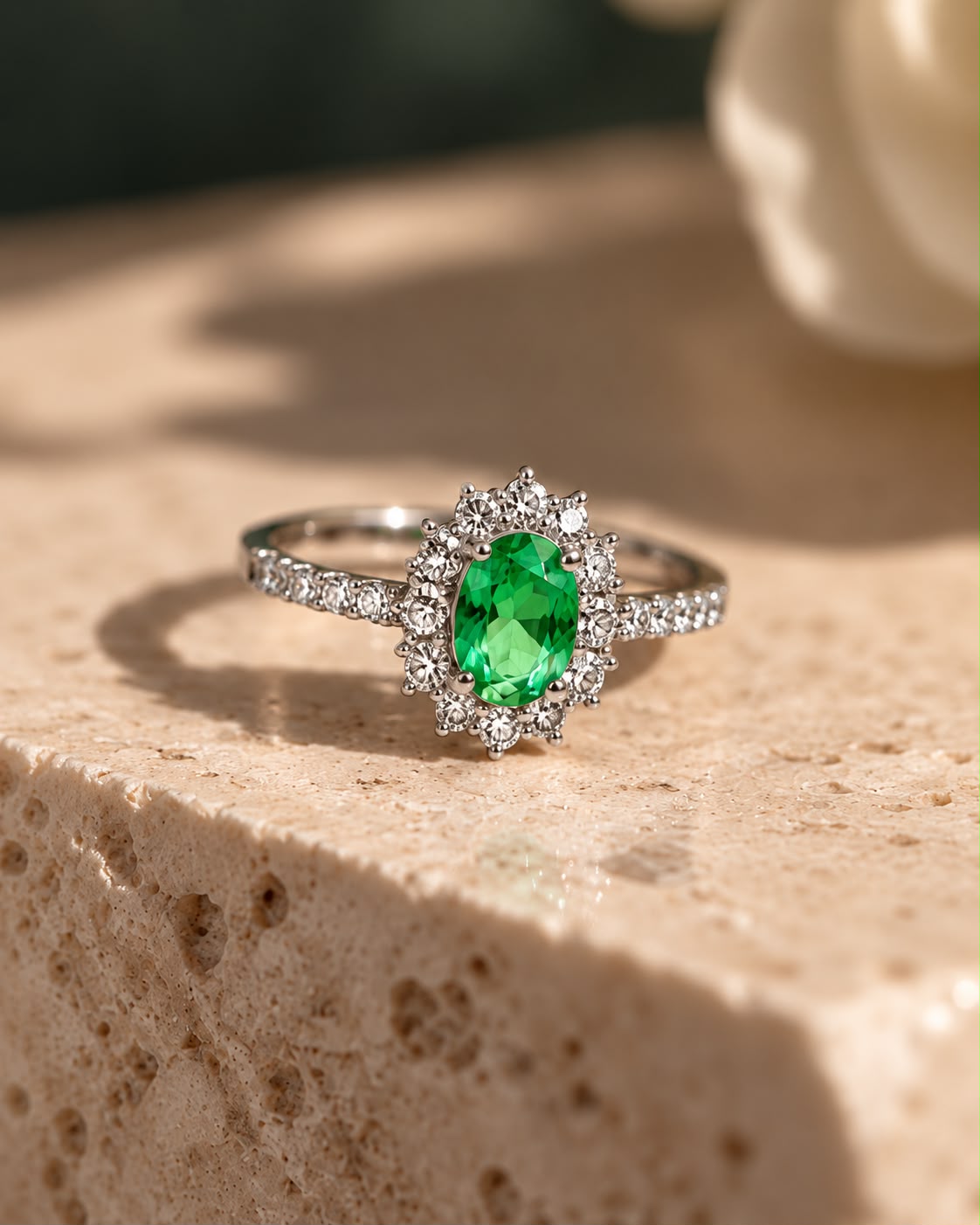 Anello Vivienne con Swarowski Bianchi e Smeraldo Centrale Verde