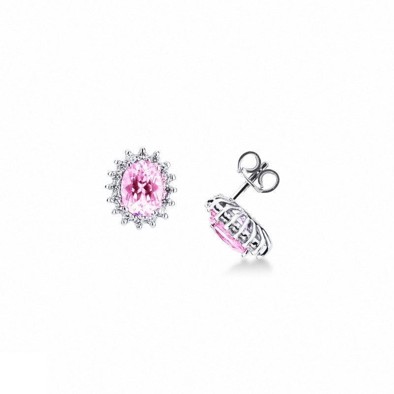 Orecchini in oro bianco 18k con zaffiro rosa ovale e diamanti